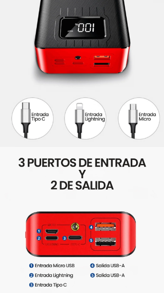 Batería Externa 52000mAH Portátil Power Bank 5 Puertos + Linterna